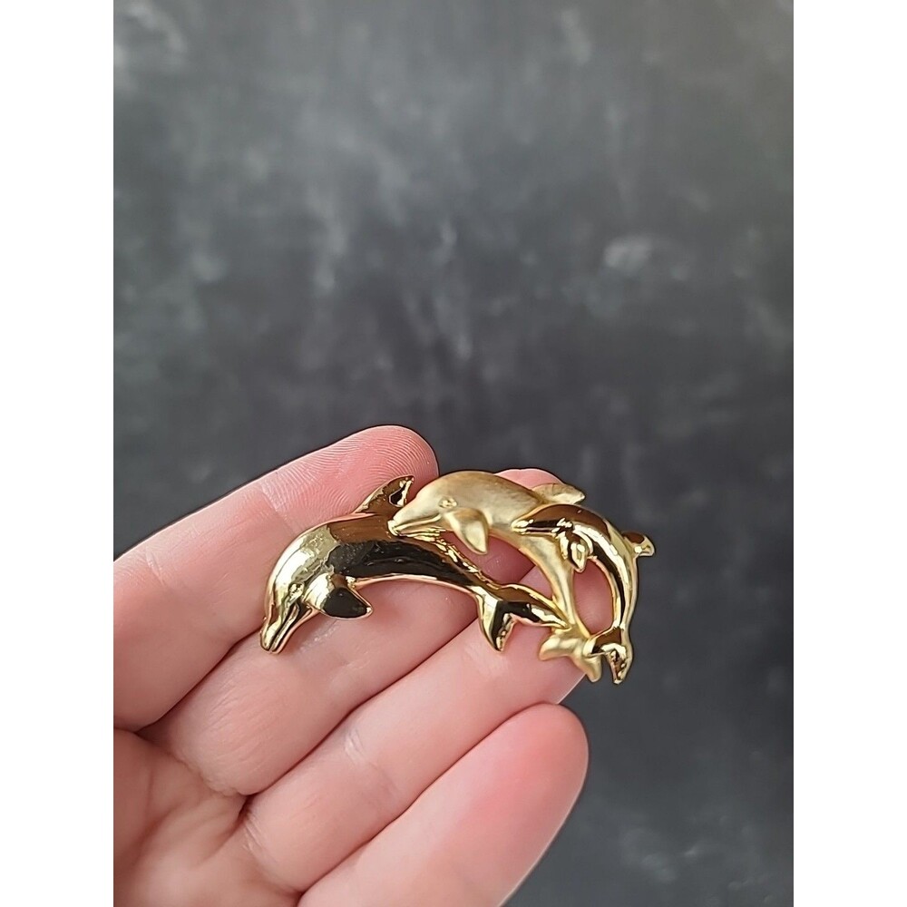 Gold Tone Metal Three Dolphins Shaped Brooch Vintage Costume Jewelry L Razza